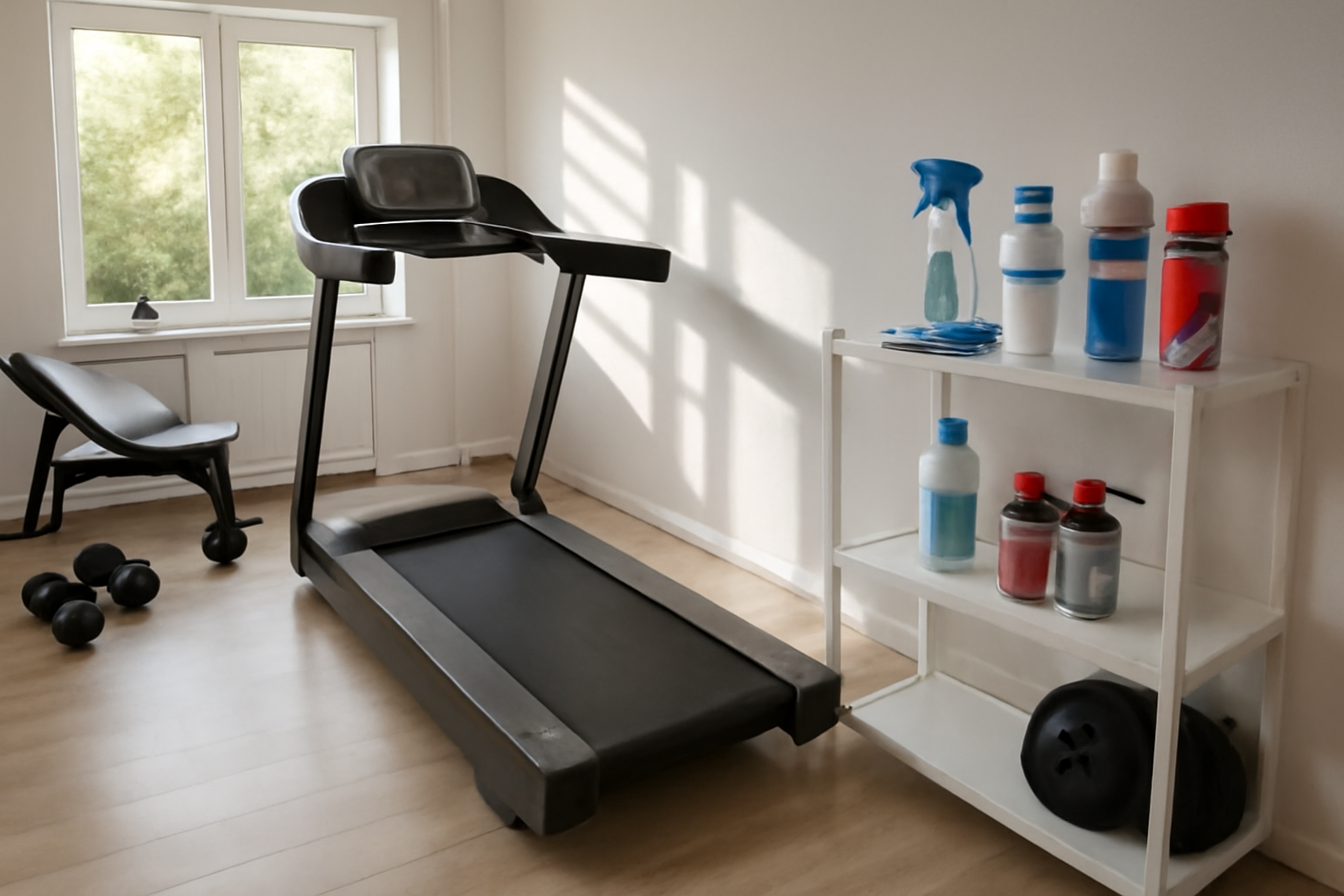 Bright home gym with treadmill and cleaning supplies arranged for equipment maintenance