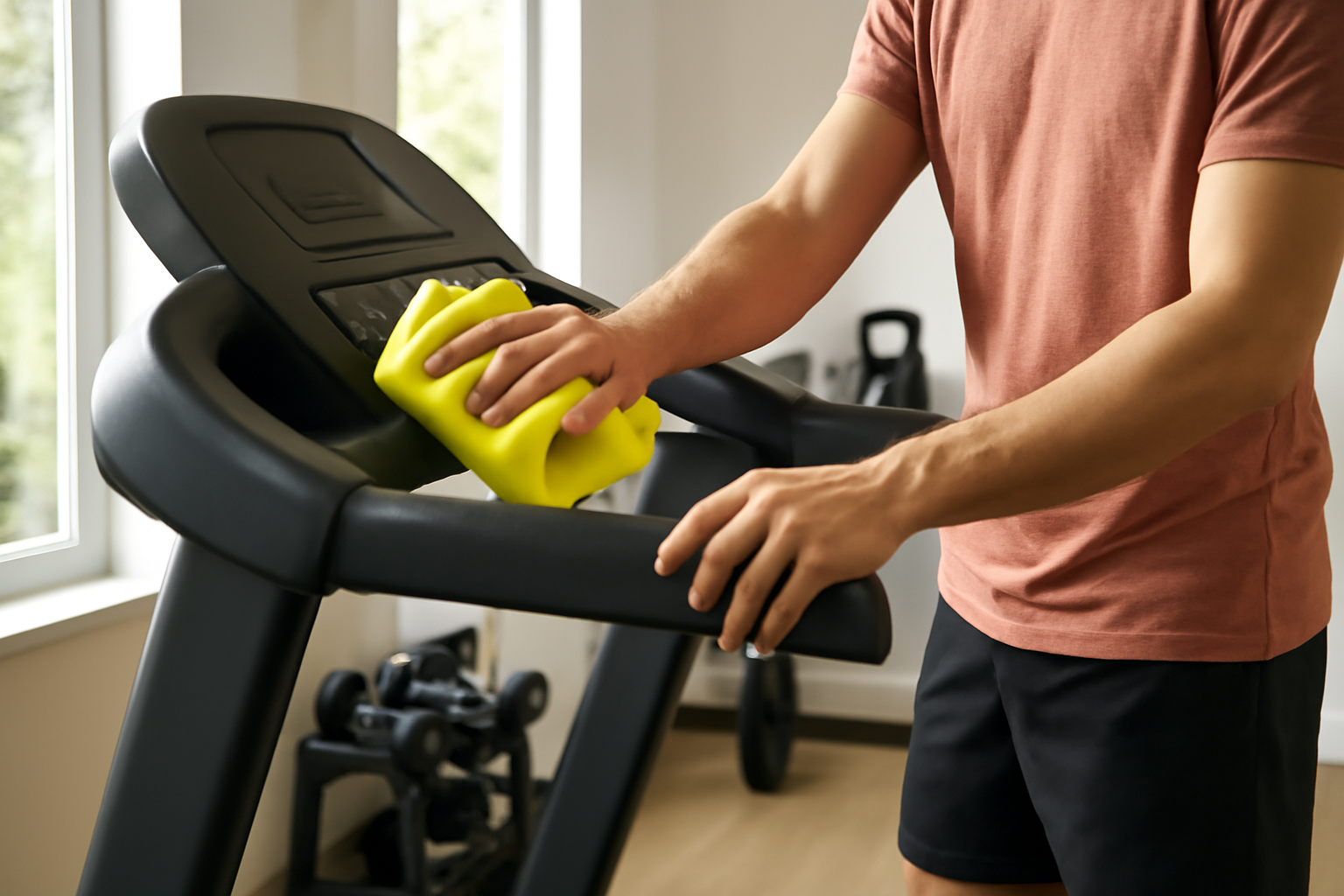 Person cleaning treadmill belt in home gym