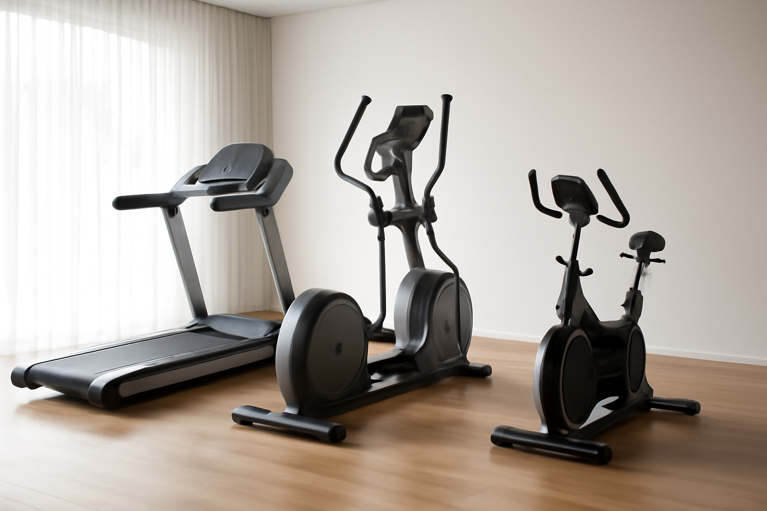 Well-maintained home gym equipment including treadmill and elliptical